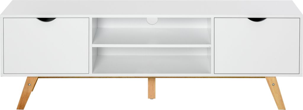 HOMCOM Modernes TV-Schrankmöbel für 65-Zoll-Fernseher, TV-Tisch für Wohnzimmer mit 2 Türen, 2 offenen Regalen und Holzbeinen, 110 x 39 x 50 cm,...