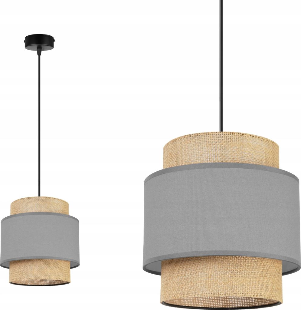 Boho Hängelampe - Deckenlampe - Pendelleuchte aus Metall mit Lampenschirm aus Stoff - E27 - 1-Flammig - Grau und Jute