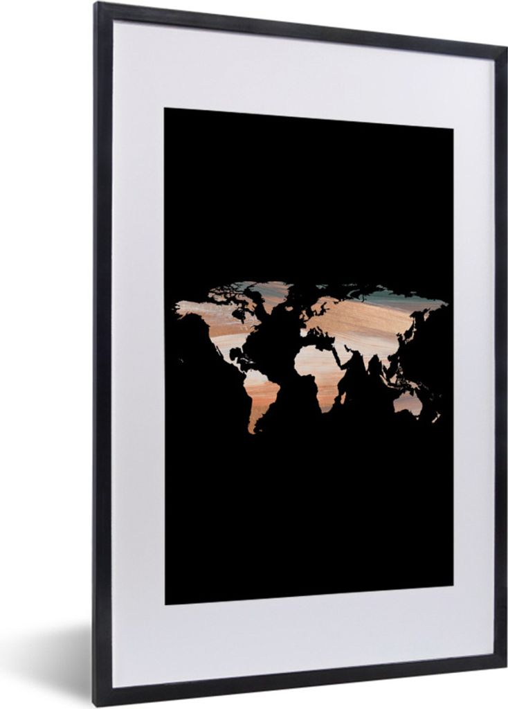 MuchoWow Gerahmtes Poster Weltkarte - Farbe - Schwarz 40x60 cm - Poster mit Schwarzem Bilderrahmen Wandposter Rahmen Foto Bilder - Poster in Rahmen