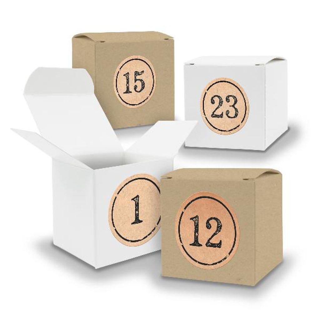 Adventskalender zum Füllen 24x Würfel 6,5cm gemischt WEISS BRAUN + Sticker V06 Z11
