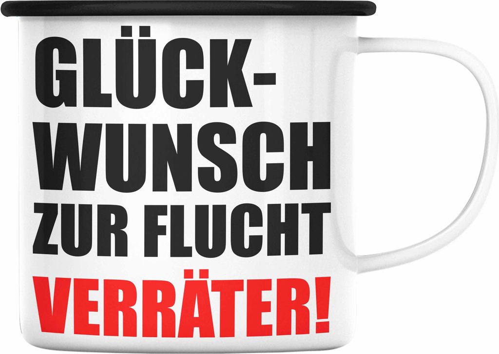 Trendation - Jobwechsel Emaille Emaille Tasse Geschenk Kollegin Kollege Lustig Abschiedsgeschenk Sprüche Glückwunsch Zur Flucht (Schwarz)