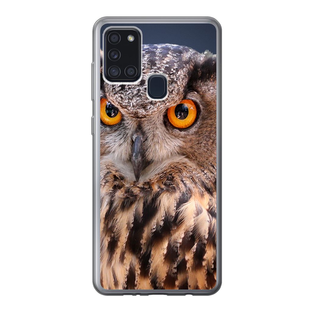 MuchoWow Handyhülle Schutzhülle Hülle für Samsung Galaxy A21s Eine Nahaufnahme einer braunen Eule Silikon Softcase Handy Hülle - Hartschale