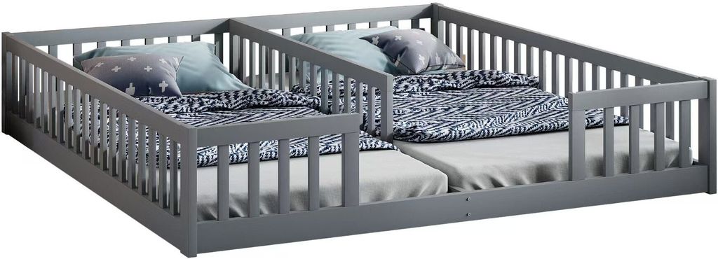 Kinderbett Flachbett Doppelbett 90x200cm Jugendbett Kiefernholz Einzelbett mit Gitter ohne Matratze Ohne Lattenrost fuer Familien mit zwei Kindern
