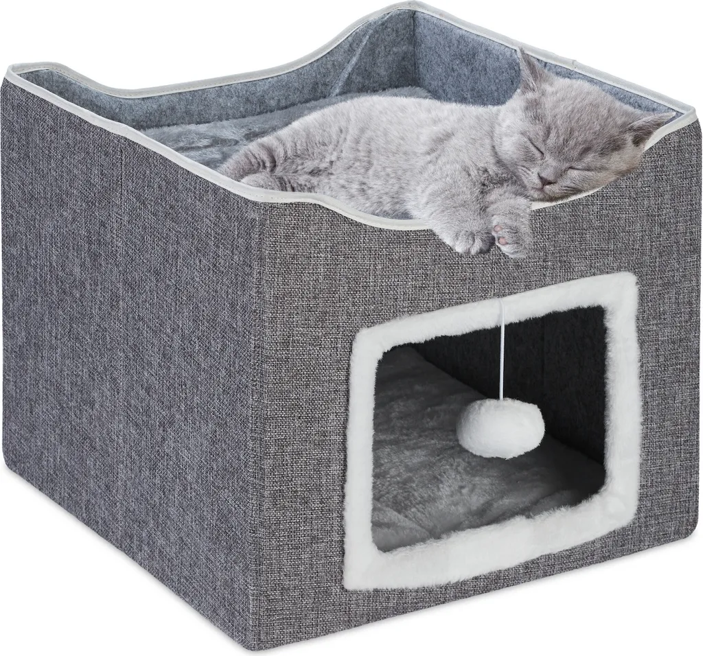 Niche pour Chat Grise Pliable Relaxdays - Panier Fermé et Cube de Repos