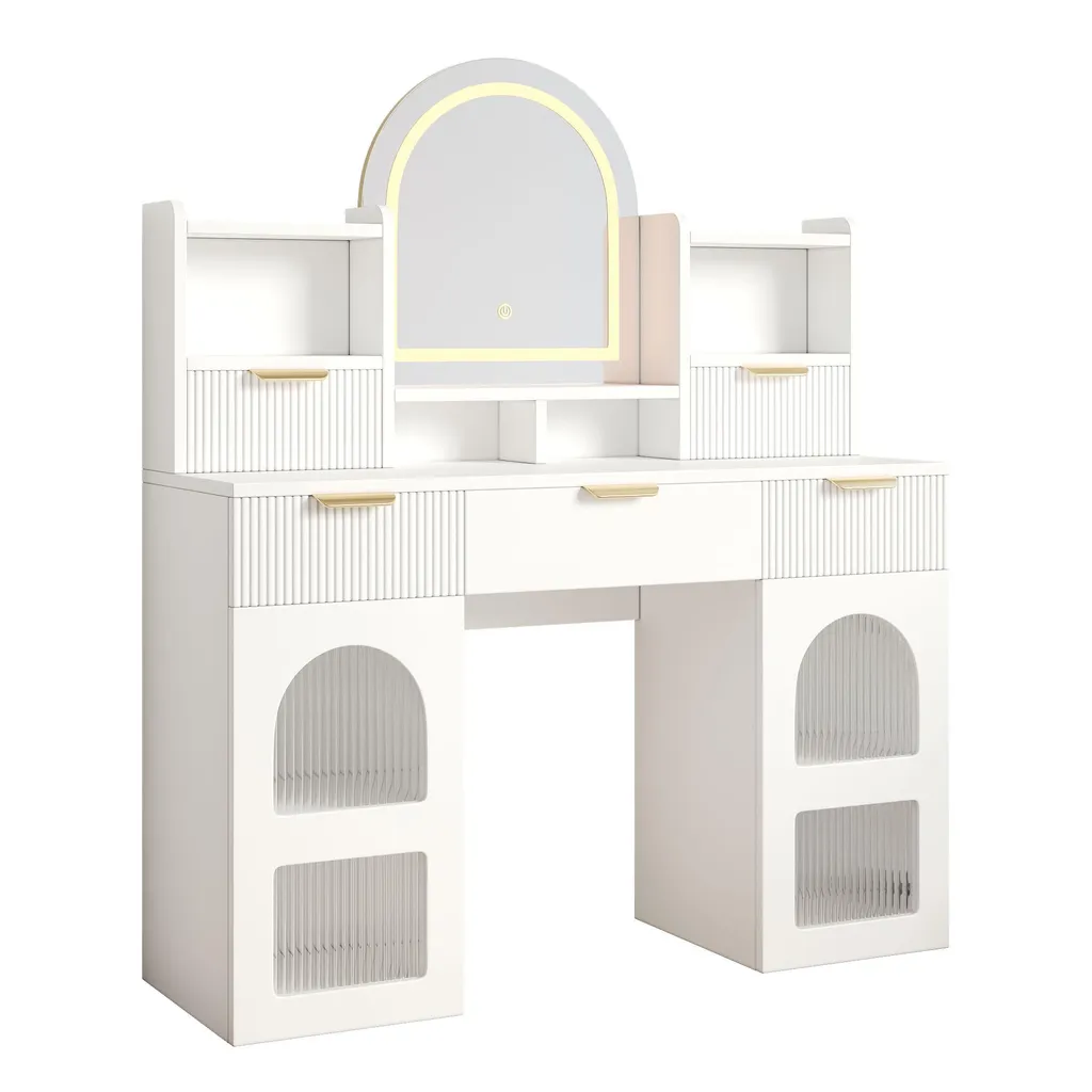 Coiffeuse avec miroir LED tactile, 3 tiroirs et vitrine, commode blanche - 10