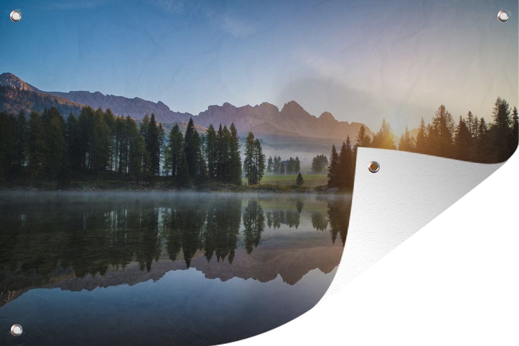 MuchoWow 60x40 cm Outdoor-Poster Gartendeko Sichtschutz Garten Poster für den Garten Sonnenaufgang am Pragser Wildsee in Italien
