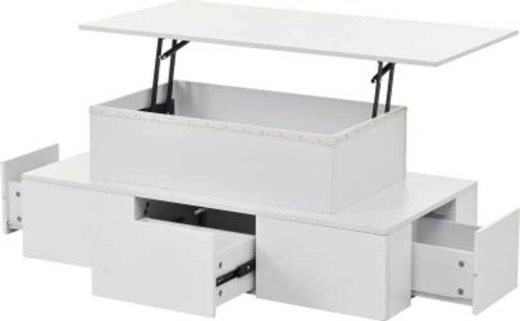 Weiss Couchtisch 100x50x40cm MDF Anhebbar 4 Schubladen Hochglanz Mit LED Sofatisch Kaffeetisch Beistelltisch Wohnzimmertisch Versteckter Stauraum