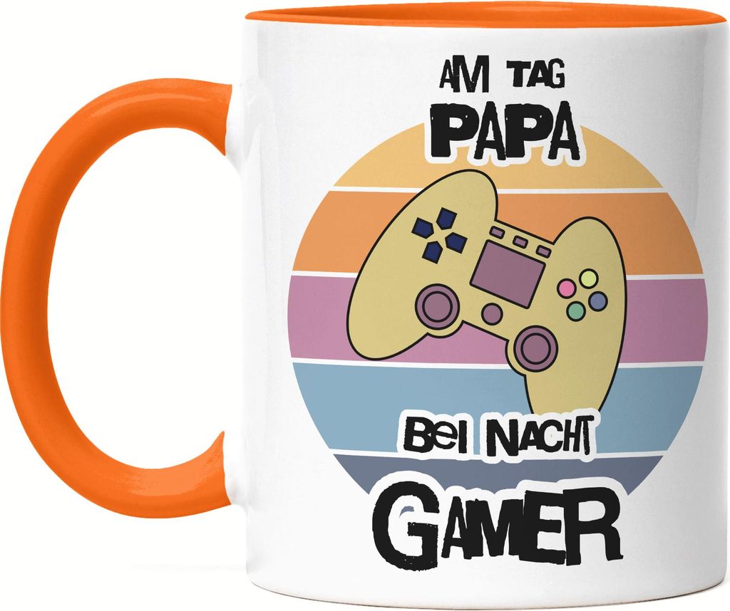 Am Tag Papa bei Nacht Gamer Tasse Orange – Lustiges Gamer Geschenk für Väter zum Vatertag oder Geburtstag