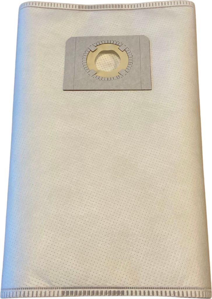 A white vacuum cleaner bag with a gray and tan connector piece.