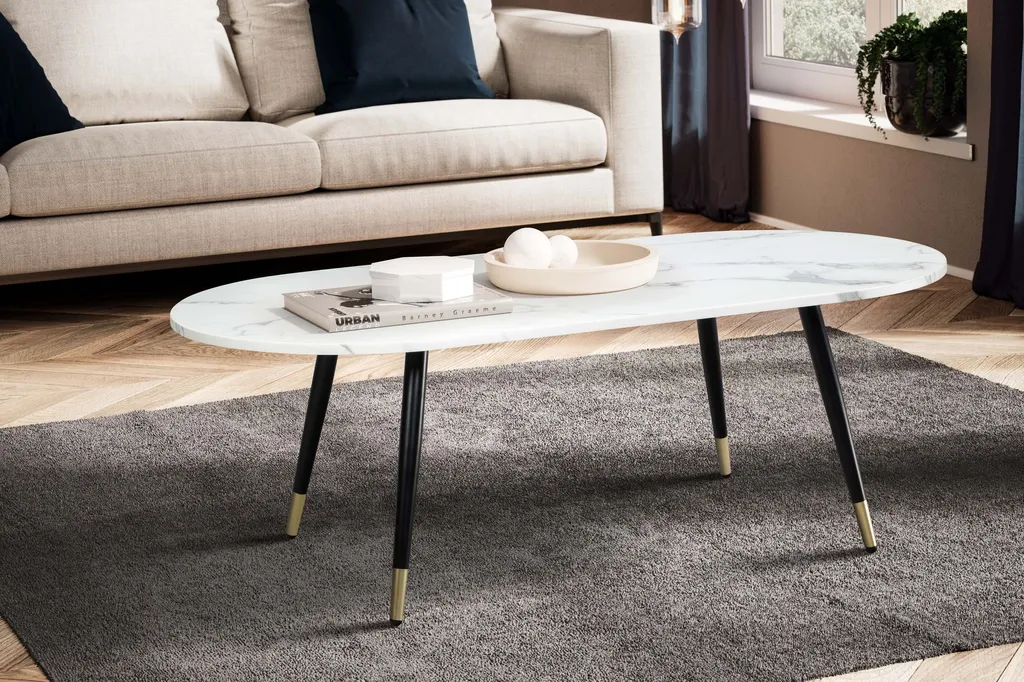 WOHNLING Tavolino 120x60x41,5 cm con aspetto marmo Bianco Tavolo da soggiorno moderno con struttura in metallo Tavolino da divano Tavolo ovale Tavolino grande Soggiorno - 2