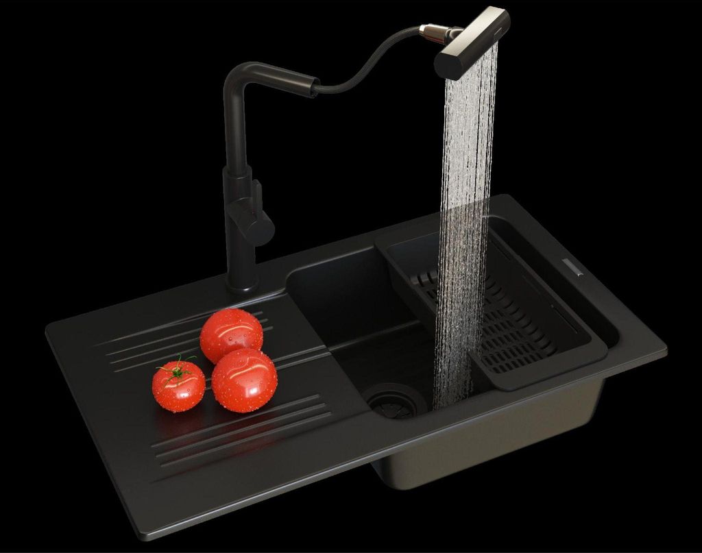 Granitan | GranitSpüle - Spülbecken -Kammer - 77,5x43,5 cm - Rechteckig - Schwarz - mit Küchenarmatur - mit Abtropfgestell - ADA