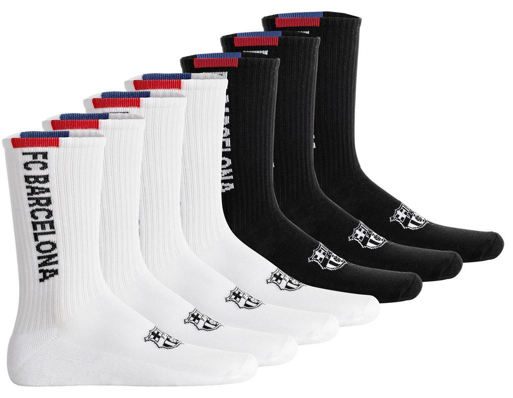 FC Barcelona Uni Socken, 7er Pack - Tennis Socks, Schriftzug-Logo, Baumwollmischung, einfarbig Weiß/Schwarz 43-46