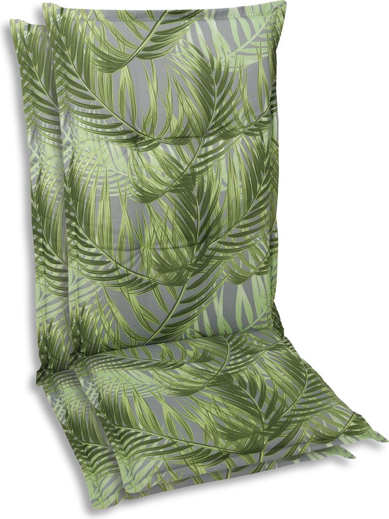 Two chair cushions with a palm leaf pattern are stacked on top of each other.