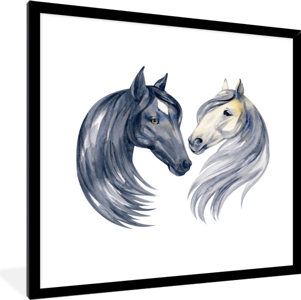 MuchoWow MuchoWow Gerahmtes Poster Pferde - Aquarell - Weiß - Mädchen - Kinder - Mädchen 40x40 cm - Poster mit zchwarzem Bilderrahmen - Mit ...