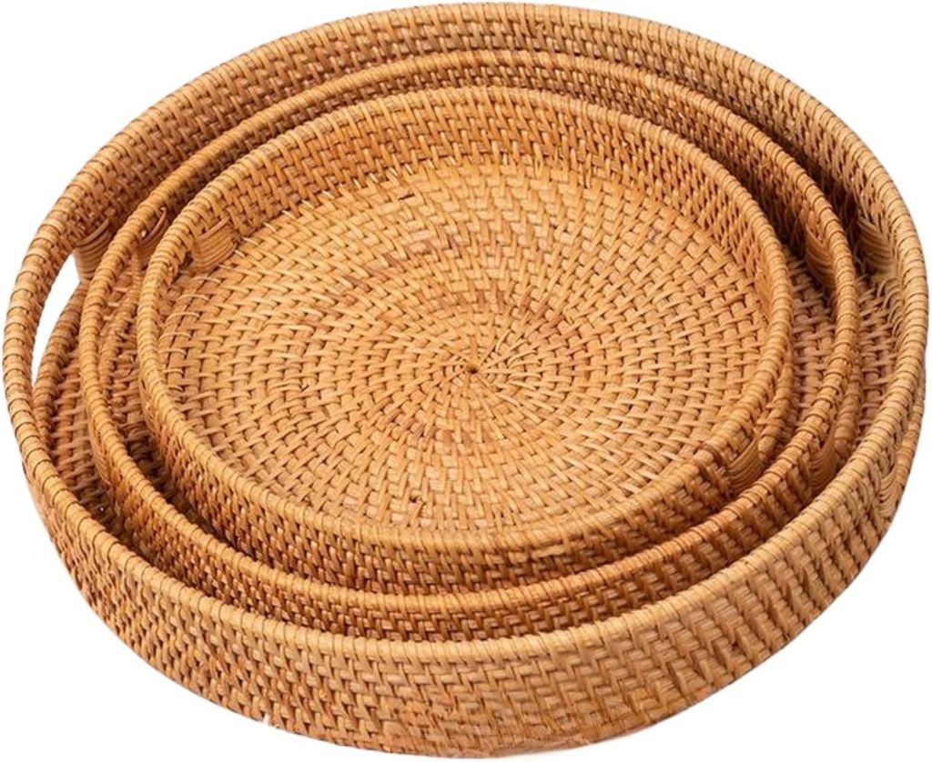 Handgewebtes Rattan-Tablett mit Griffen - Set von 3 Produktbild 