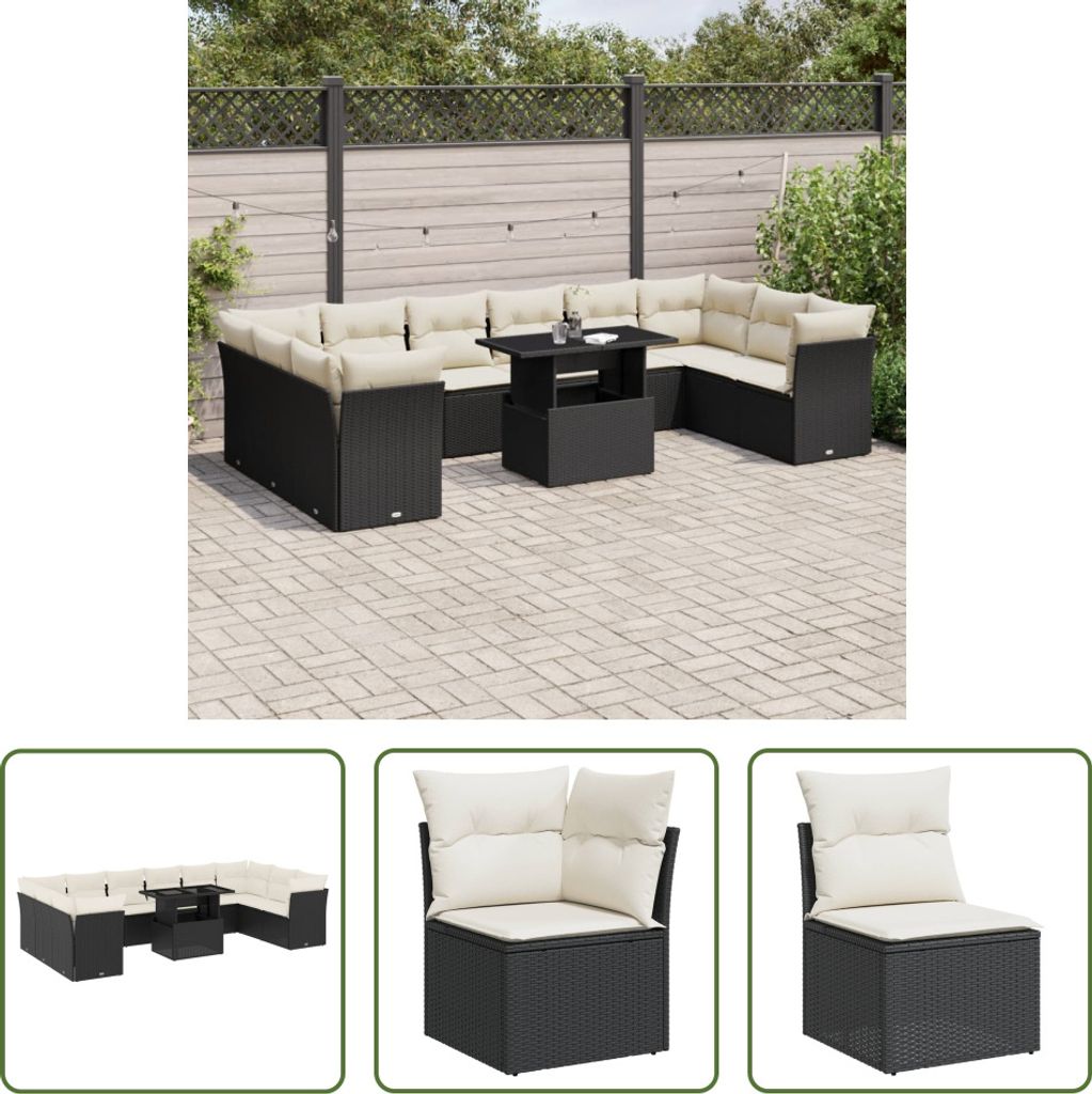 The Living Store 11-tlg. Garten-Sofagarnitur mit Kissen Schwarz Poly Rattan