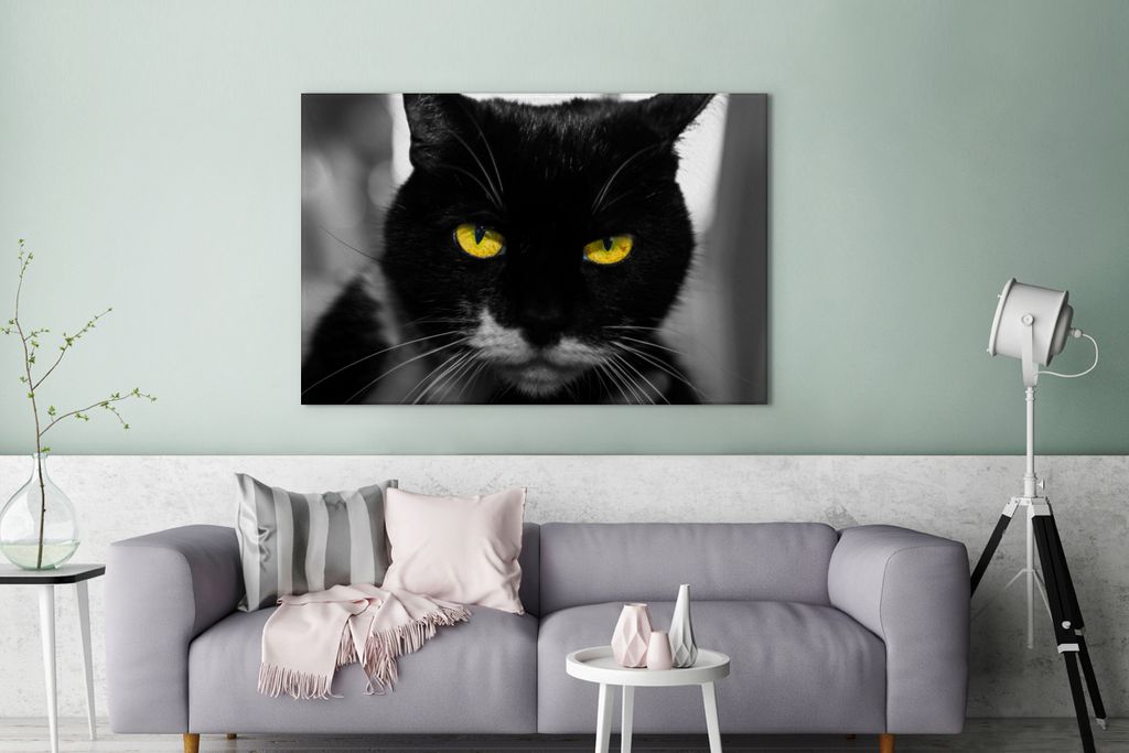 OneMillionCanvasses - Leinwandbilder - 140x90 cm, Schwarz-Weiß-Foto des Kopfes einer schwarzen Katze mit gelben Augen, Wandbilder Kunstdruck Wan...