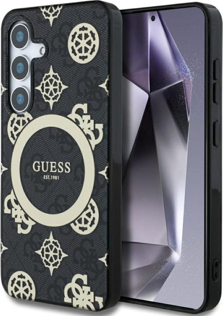 Guess 4G Background Gold Galvanized Peony Pattern MagSafe Case für Samsung Galaxy S25 Schwarz