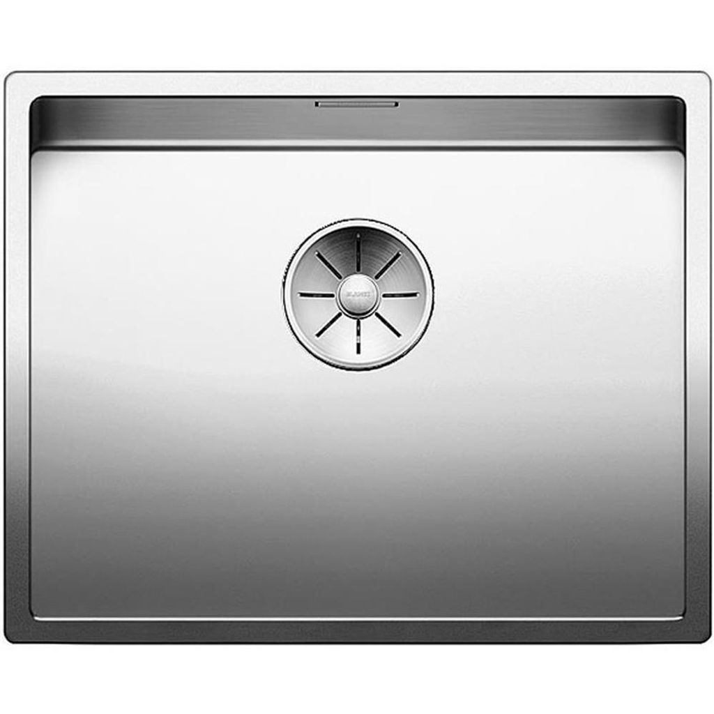 A top-down view of a stainless steel kitchen sink with a drain assembly in the center.