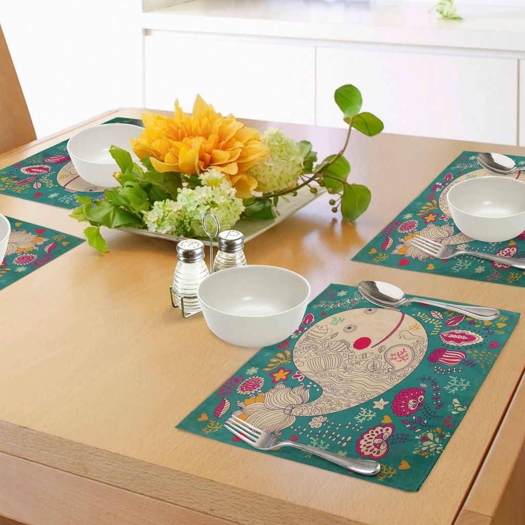 ABAKUHAUS Wal Platzmatten, Glücklicher riesiger Seeozean-Geschöpf-Wal mit Blume blüht Tulpe-Blatt-Entwurfs-Grafik, Tiscjdeco aus Farbfesten Stof...