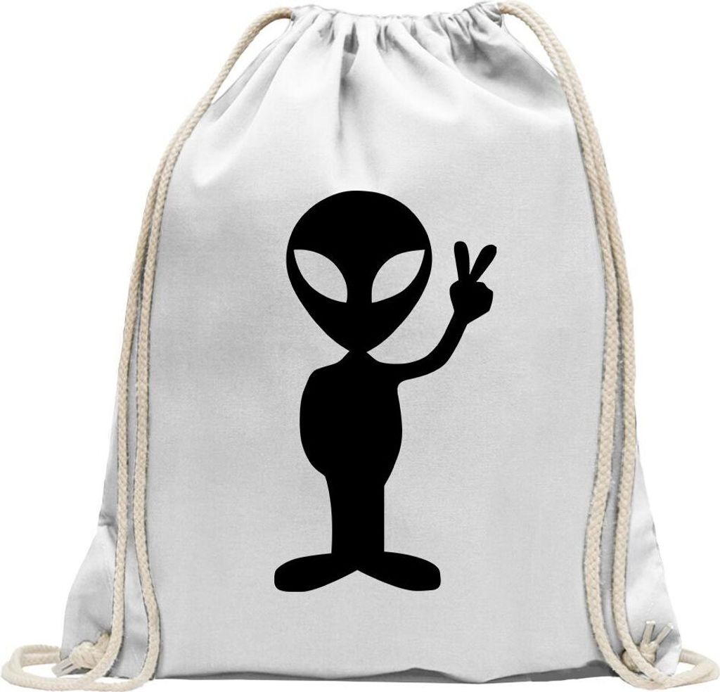 Kiwistar - Turnbeutel - weiss - Alien Peace - Fun Rucksack Sport Beutel Gymsack Baumwolle mit Ziehgurt