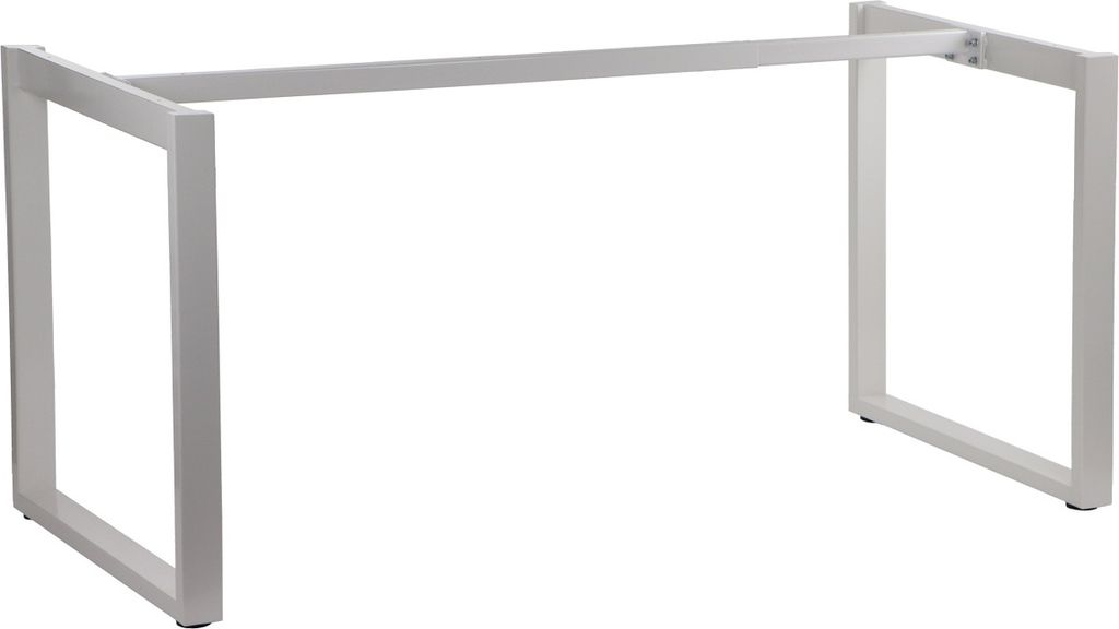 A white metal table frame with adjustable legs on a white background.