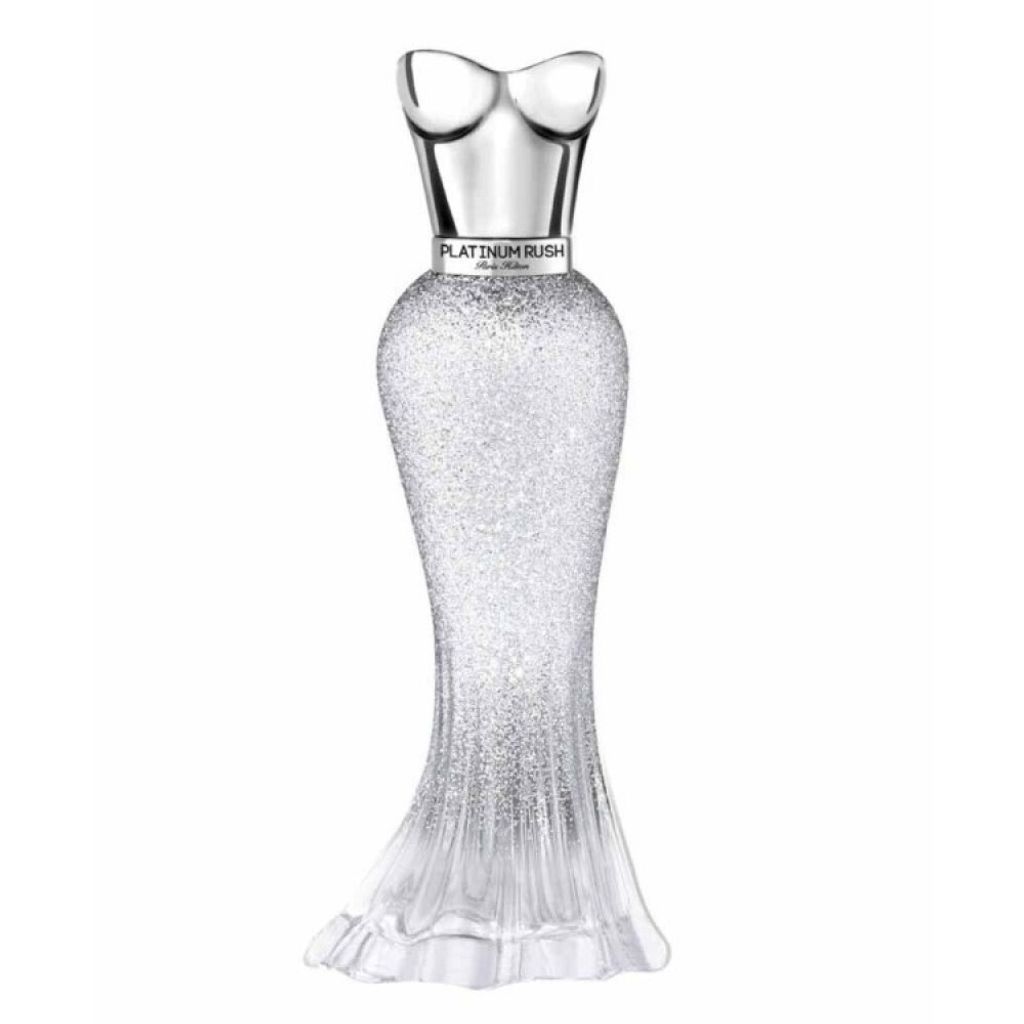 A perfume bottle shaped like a dress with glitter.