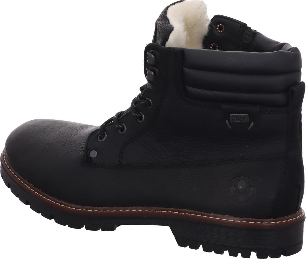 A black leather boot with white fur lining is shown against a white background.