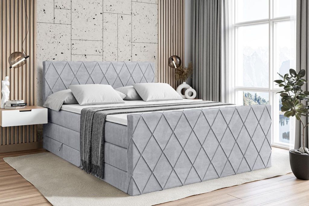 ALTDECOR Boxspringbett mit Matratze und Lattenrost - LEPARO -Z KING - 160x200 cm - Grau Monolith - Topper, Fußteil, Polsterbett mit Bettkasten, Be...