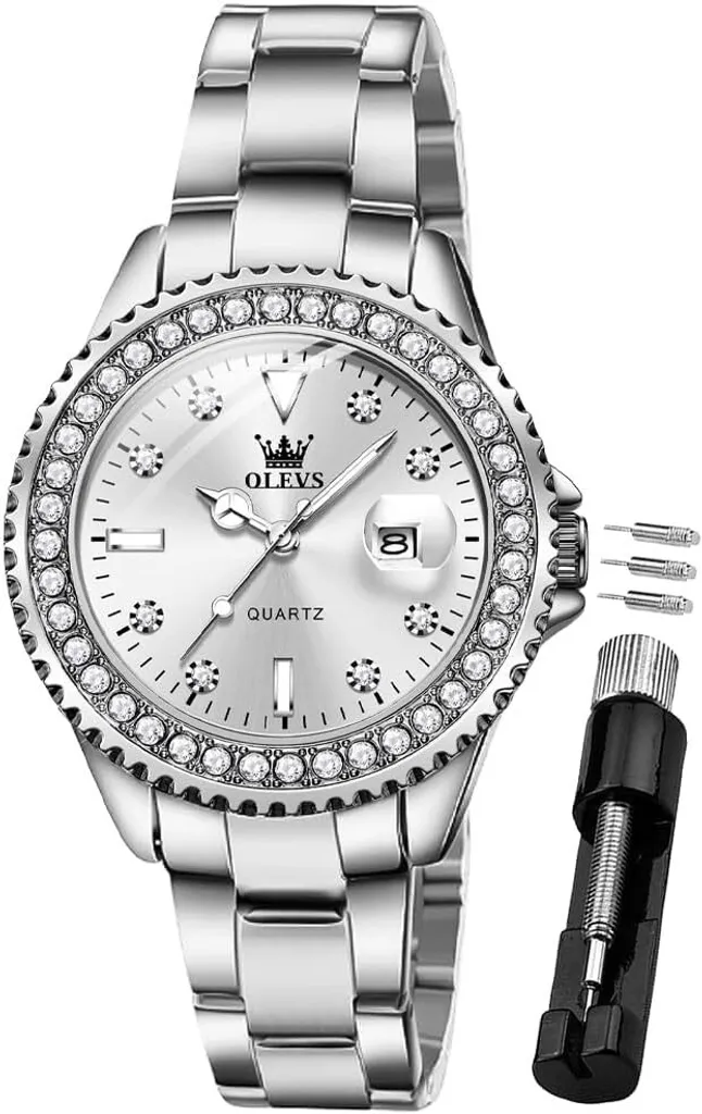 Elegante orologio da donna con dettagli in diamanti, design analogico, quadrante piccolo, bracciale in acciaio inossidabile color argento, resistente all'acqua, perfetto come regalo per le donne.