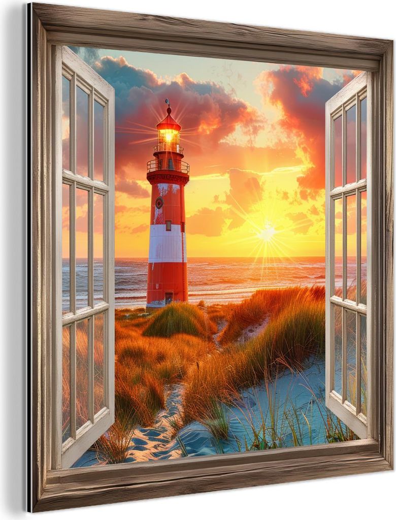 MuchoWow Wanddekoration Metall Metallbild Wandkunst 90x90 cm Aussicht - Fenster - Leuchtturm - Sonnenuntergang - Strand MuchoWow Aluminium Gemälde...