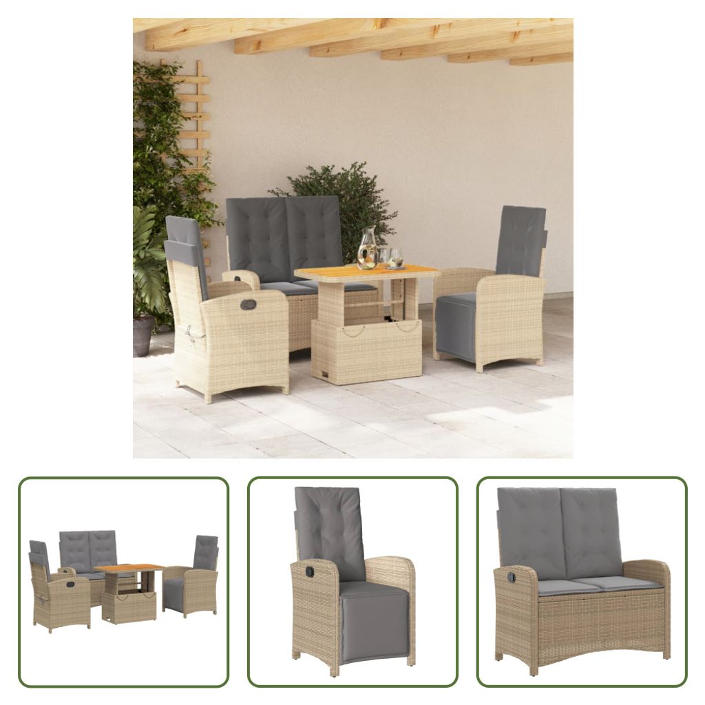 The Living Store 4-tlg. Garten-Essgruppe mit Kissen Beige Poly Rattan
