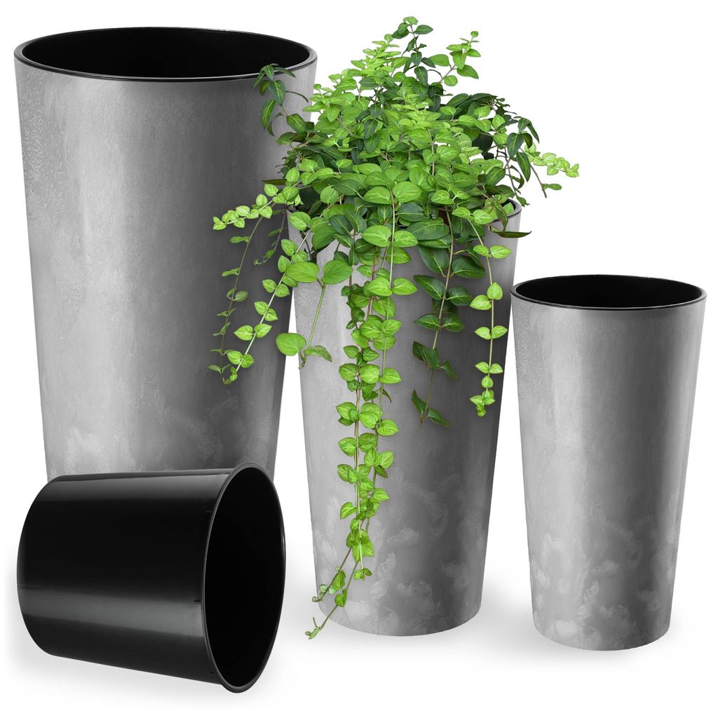 KADAX Set aus 3 Blumentöpfen + Einsatz, grauer hoher Garten-Blumenständer, 57 cm