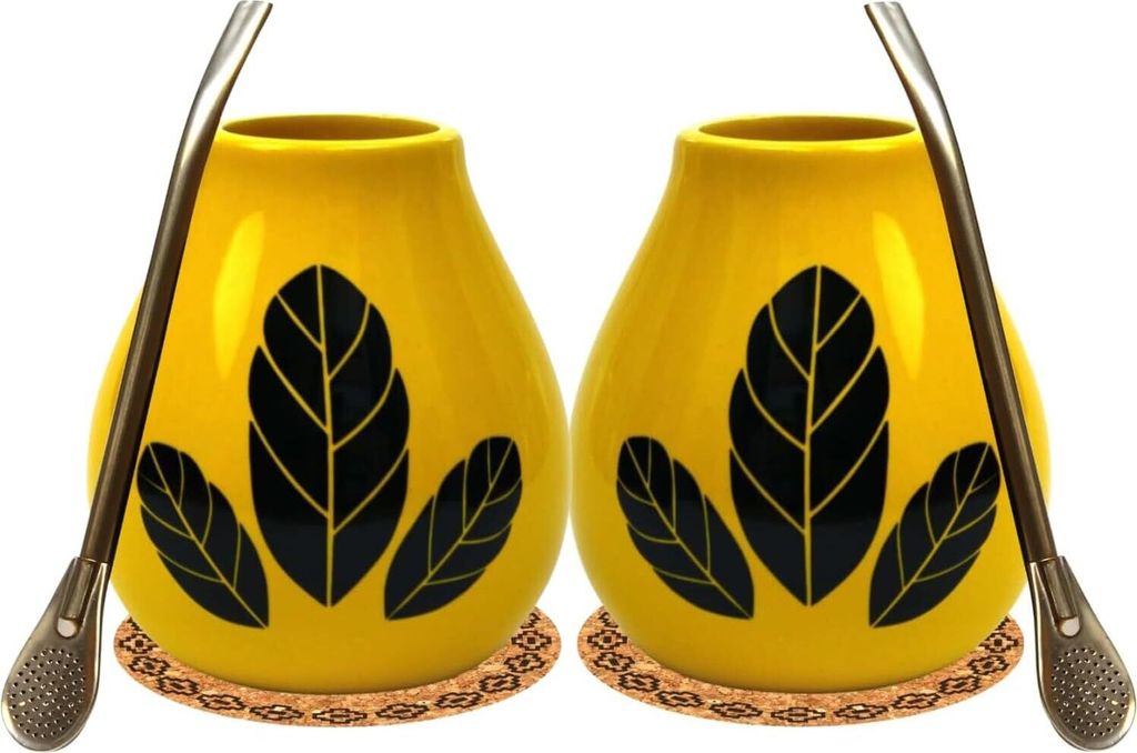 Yerba Mate-Tee Kalebasse Set für zwei 2x Mate tee becher HOJA 350ml Keramik mate tee tasse 2x Edelstahl trinkhalm Bombilla 19cm 2x...