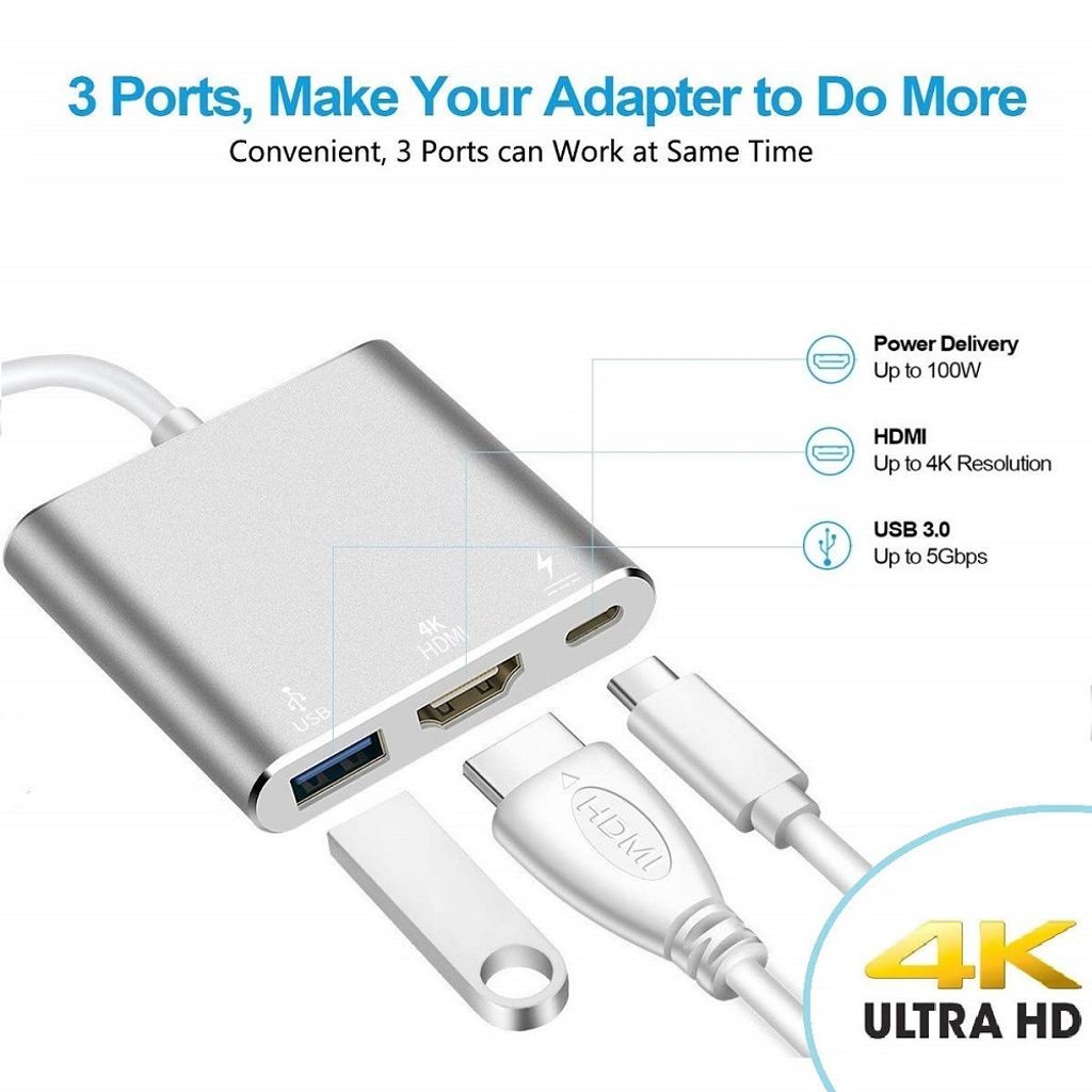 USB Type-C 3.1 to HDMI USB-C 3.0 3 IN 1 HUB USB Port Adapterkabel für Apple Mac 