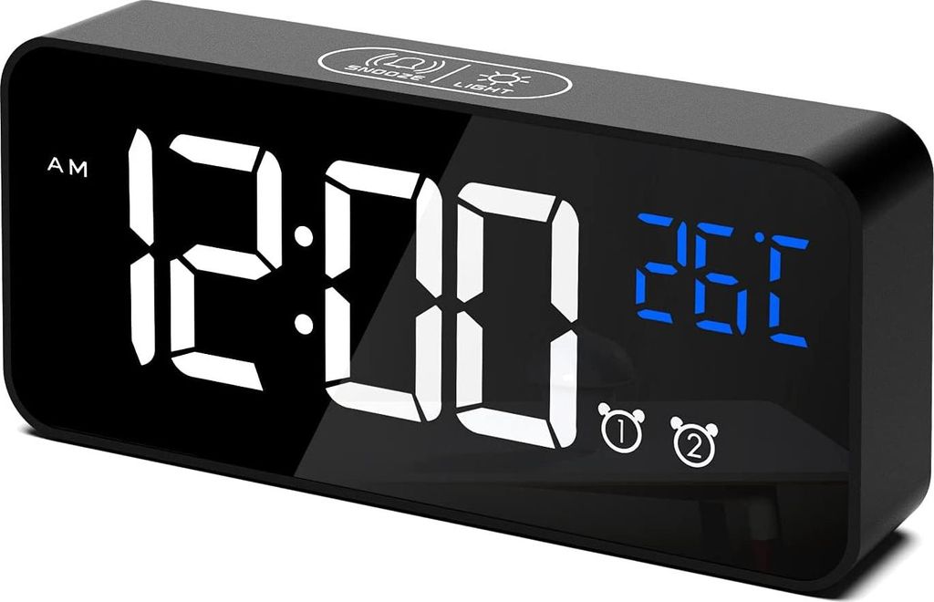 Digitaler Wecker, LED Digitaluhr mit Temperaturanzeige Tragbarer Spiegelalarm Tischuhr mit 2 Alarmen 10 Alarmtöne USB Wiederaufladbar 4 Helligkeit...