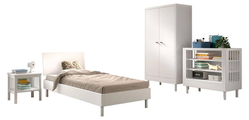 Einzelbett Set 90x200 Keeley Buche Weiß Massivholz Regal Komfort