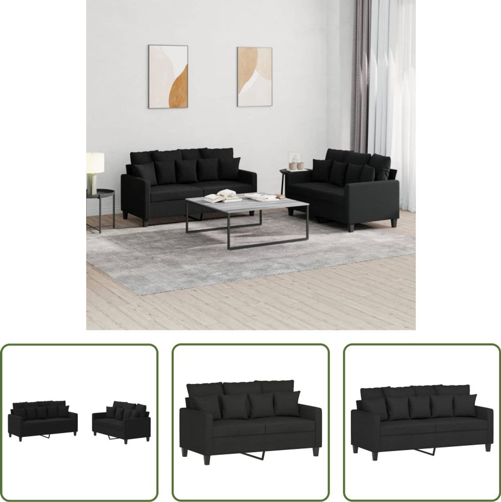 The Living Store 2-tlg. Sofagarnitur mit Kissen Schwarz Stoff