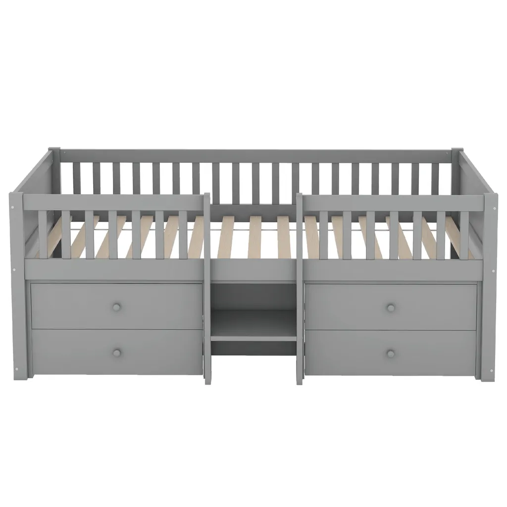 Abrihome Lit Enfant 90x200cm en Pin Gris avec 4 Tiroirs de Rangement