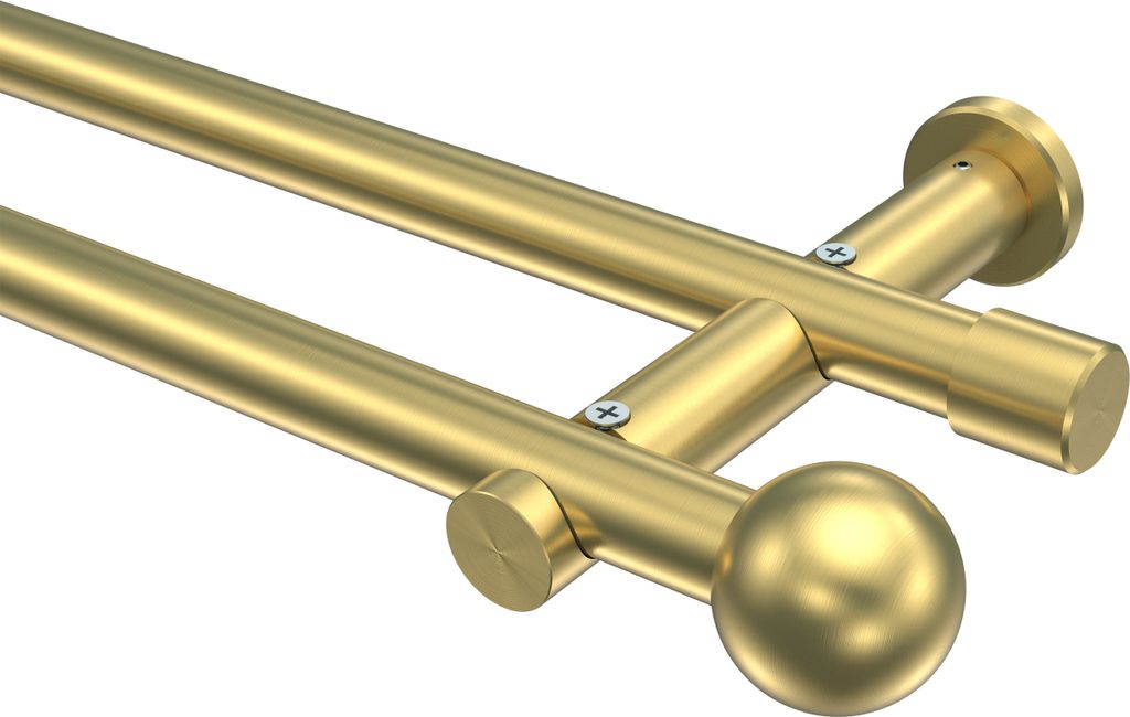 Interdeco Gardinenstange / Vorhangstange Messing-Optik, Typ Platon Luino (Kugel) ohne Ringe, 20 mm Ø 2-läufig, 240 cm