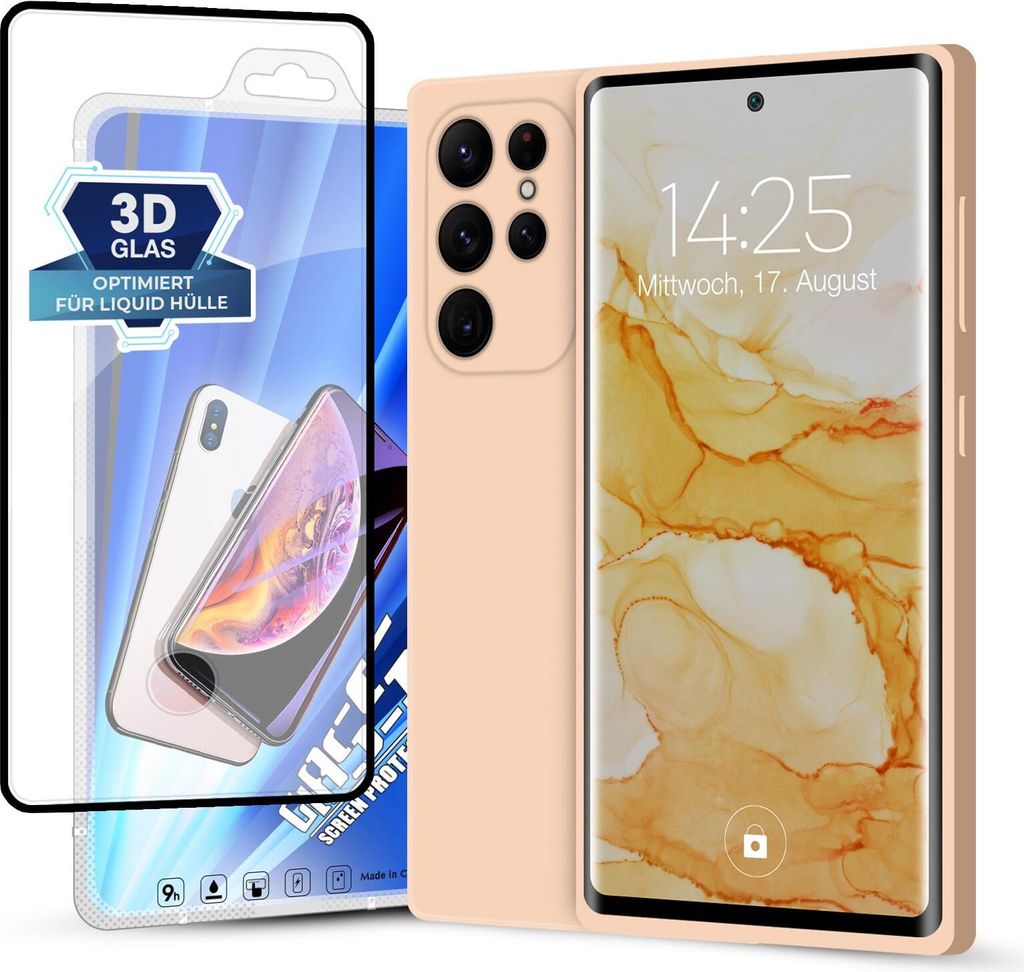 Hülle für Samsung Galaxy S22 Ultra mit 9H Displayglas Displayschutz Plus Case Cover Bumper Silikon Softgrip Schutzhülle Farbe: Rosa