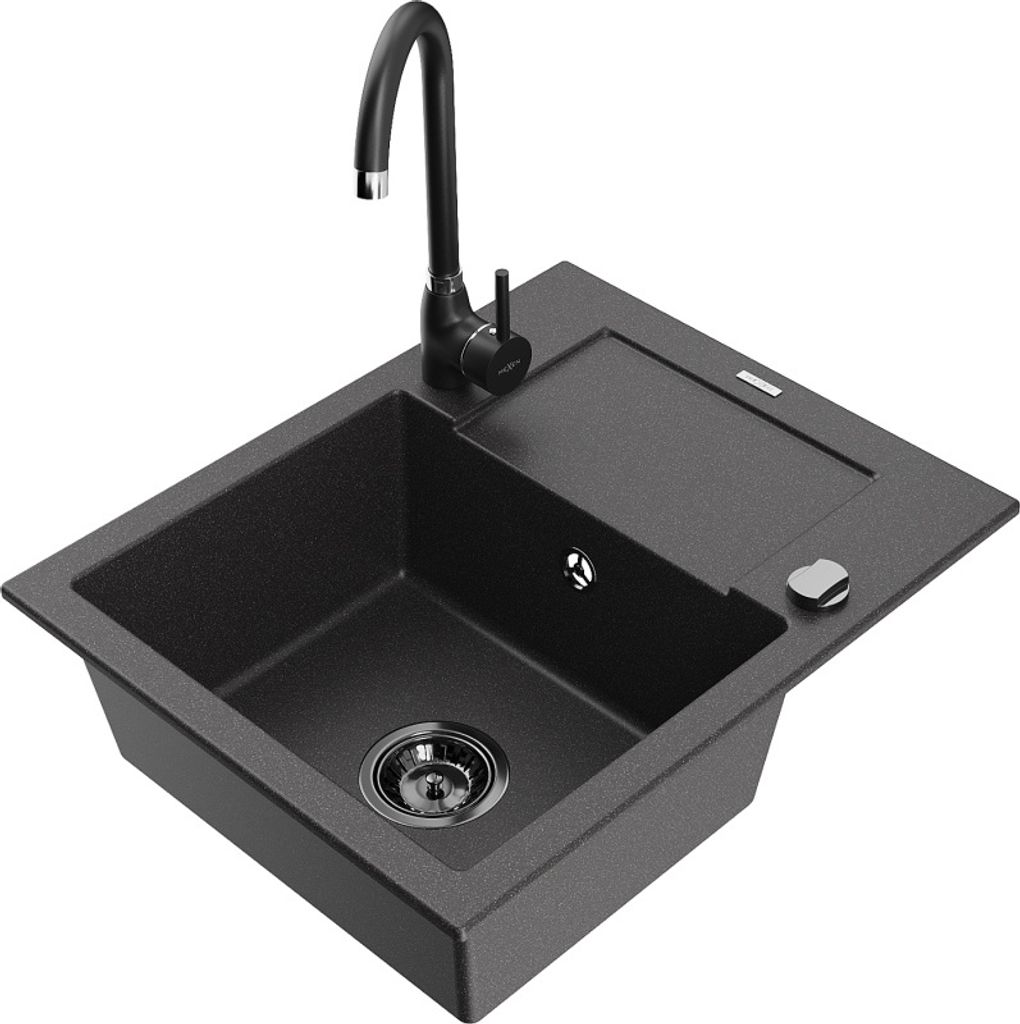 Mexen Enzo 1 Becken-Granitspüle mit Abtropffläche und Mischbatterie Telma, Schwarz gesprenkelt - 6506-76-670200-70-B