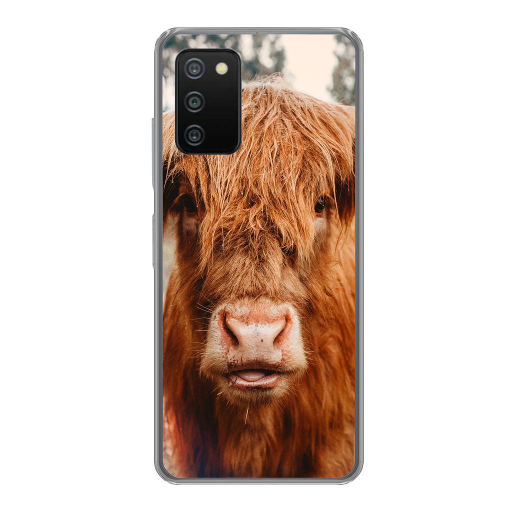 MuchoWow Handyhülle Schutzhülle Hülle für Samsung Galaxy A03s Kuh - Schottischer Hochländer - Hörner - Braun - Landschaft Silikon Softcase ...