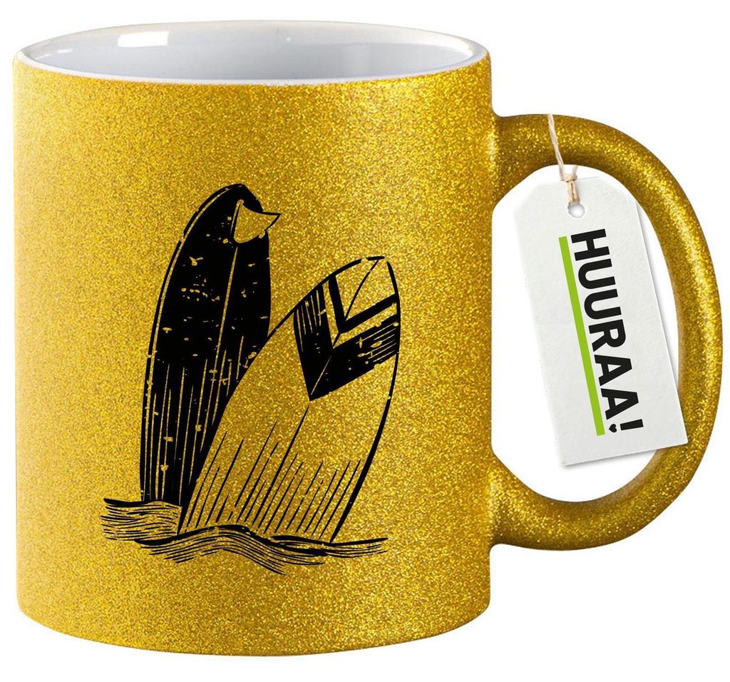 Huuraa Glitzertasse Surfboard Board 330ml Gold Keramik Kaffeebecher Geschenkidee
