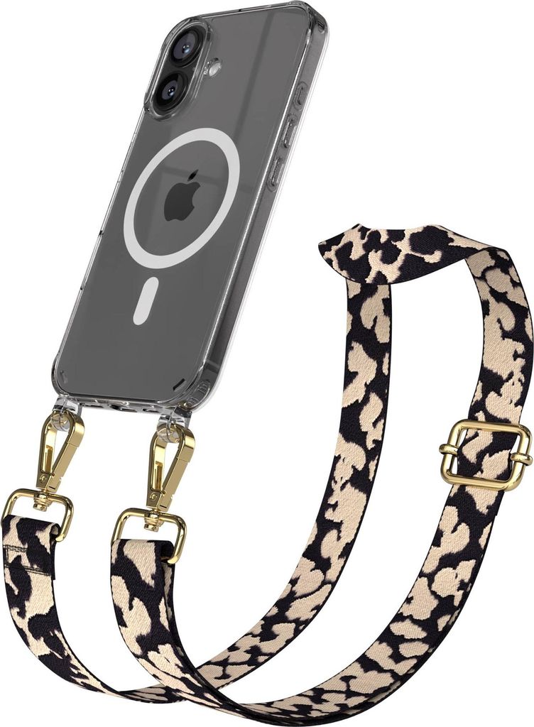 EAZY CASE - Handykette mit MagSafe Hülle für Apple iPhone 16, Handyband Camouflage Style, Karabiner Gold, Umhängeband in Natur