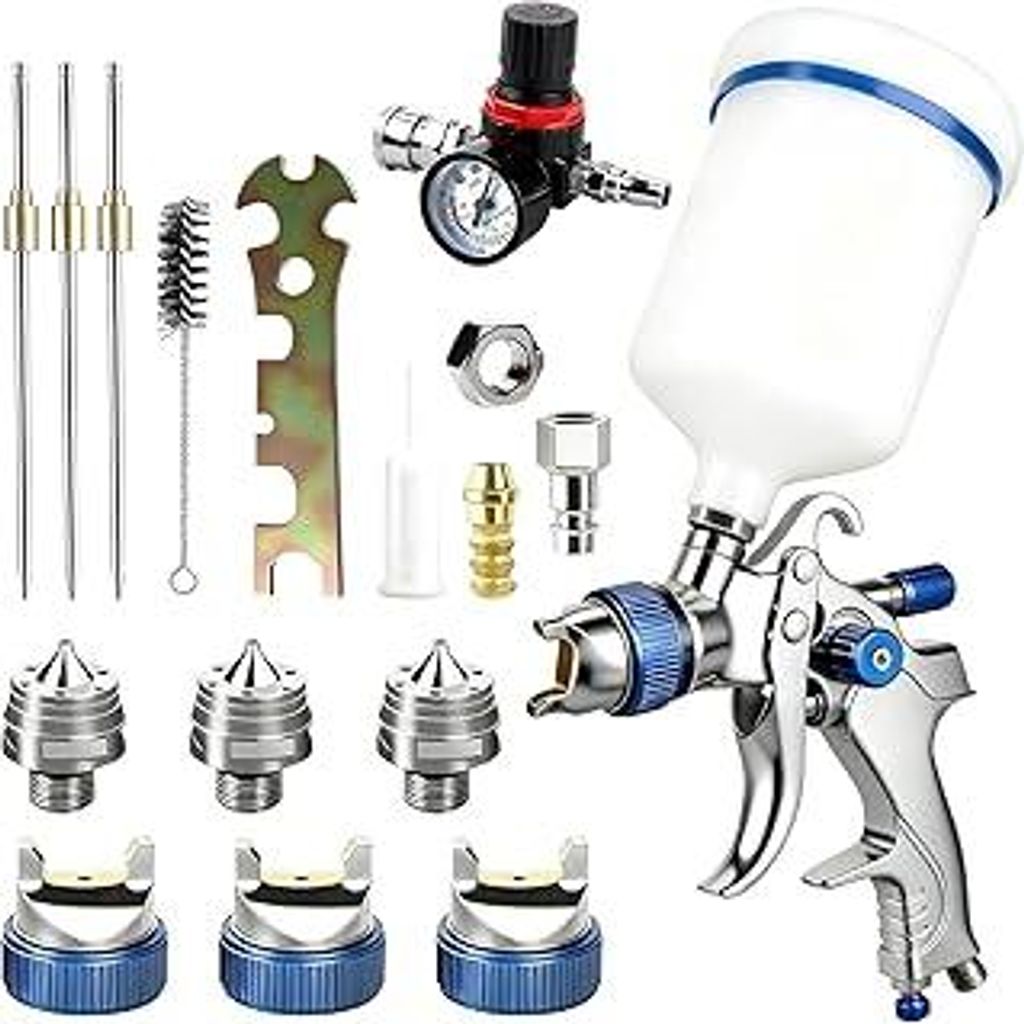 HVLP Lackierpistole Spritzpistole-Kit mit 3 Düsen 1.4/1.7/2mm, Profi Lackierpistole Druckluft mit 600 ml Plastikbecher und Luftdruckregler, Drehba...