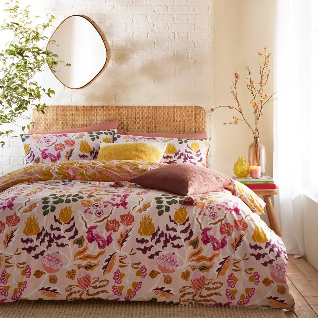 Parure de Lit Florale Rose Protea en Coton Mélangé pour Chambre Double