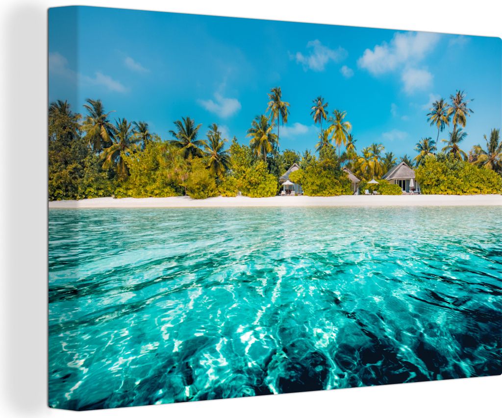 OneMillionCanvasses - Leinwandbilder - 140x90 cm, Blick auf einen Strand mit Palmen vom Wasser aus, Wandbilder Kunstdruck Wanddekoration