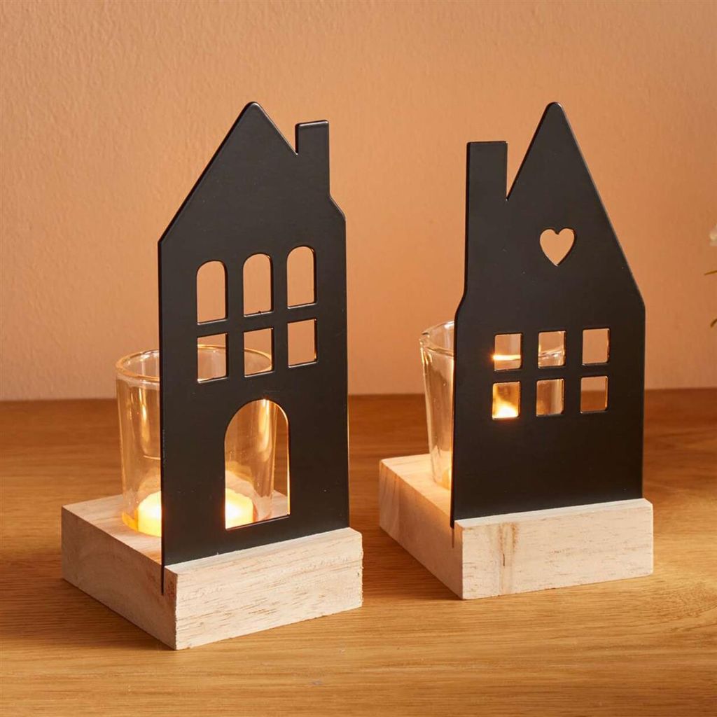 2x Windlicht "Haus" aus Metall, matt schwarz, 15 + 16 cm hoch, mit Glas Teelichthalter, Tischdeko modern, Kerzenständer