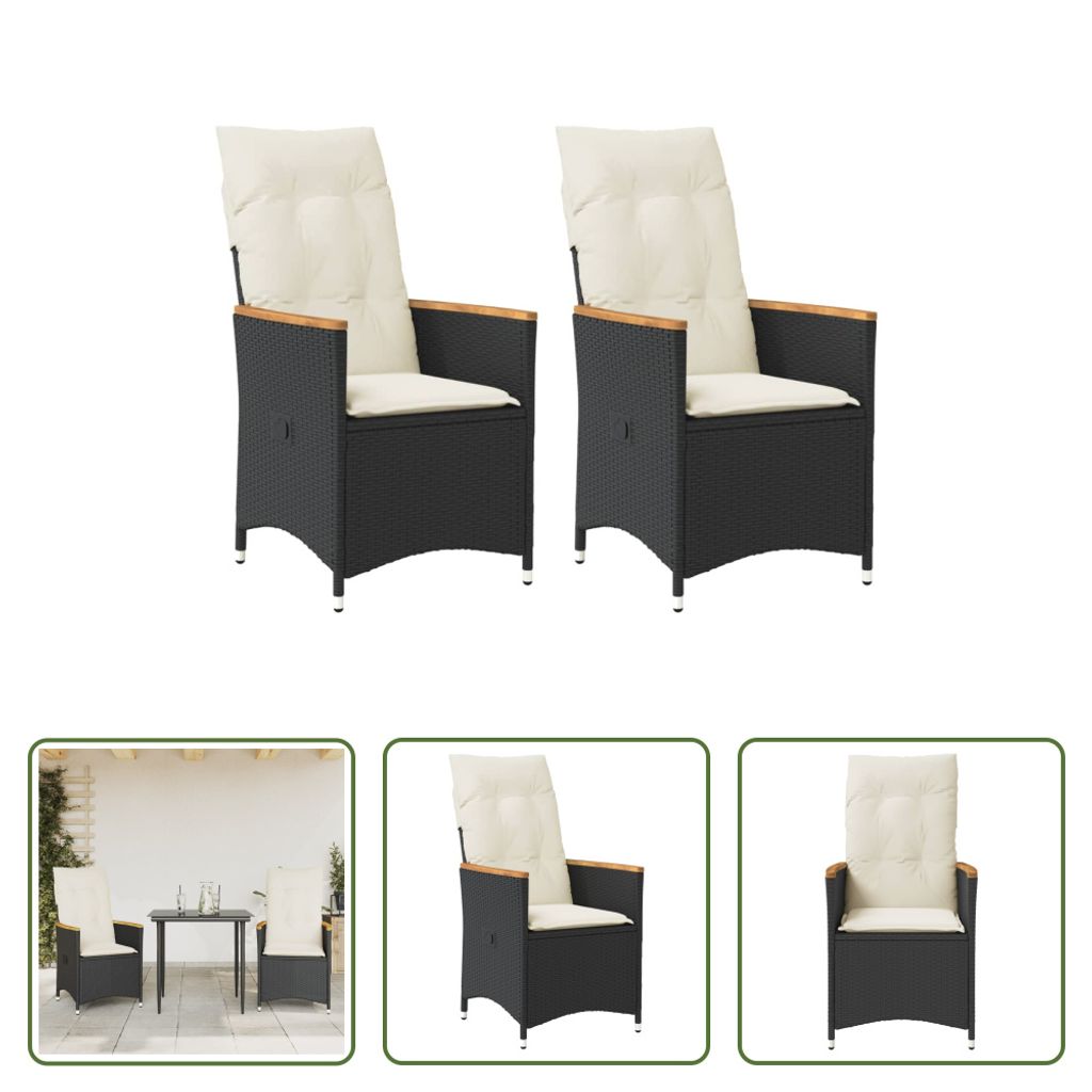 The Living Store Gartensessel mit Kissen 2 Stk. Verstellbar Schwarz Poly Rattan
